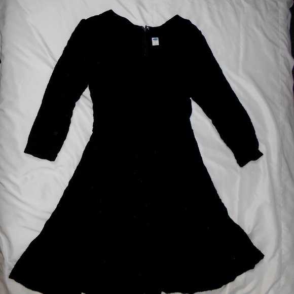 Black textured fit and flare dress with sleeves - Picture 1 of 4
